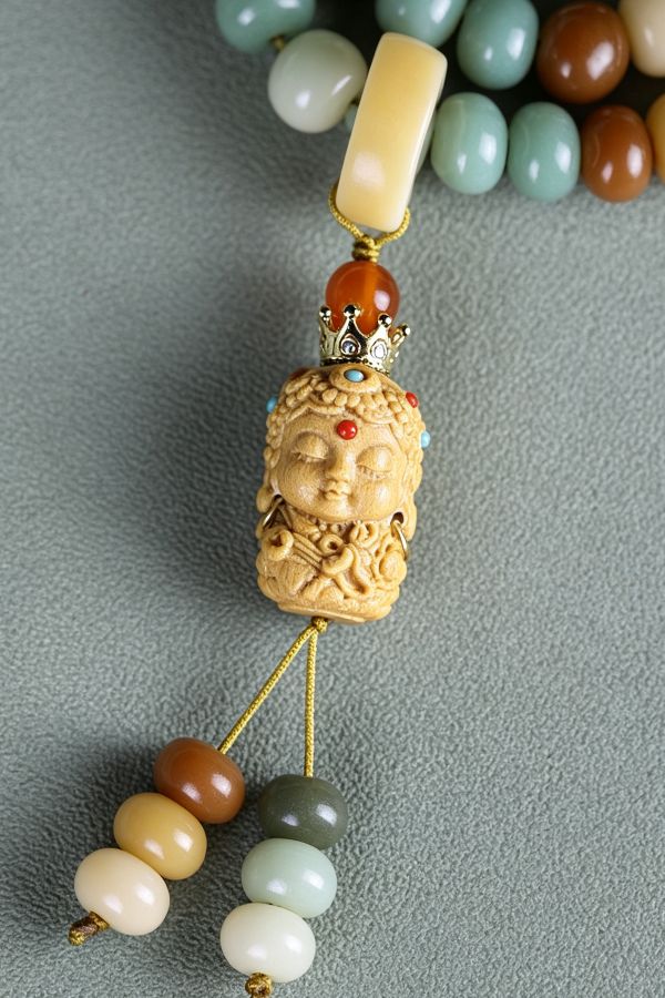 carved wooden pendant with mixed beads Dunhuang Bodhi Mala Bracelet with Zen Heritage - Image 2