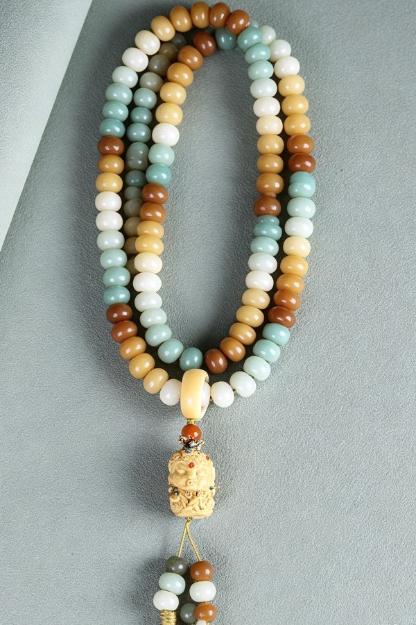 long multicolor prayer bead strand Dunhuang Bodhi Mala Bracelet with Zen Heritage