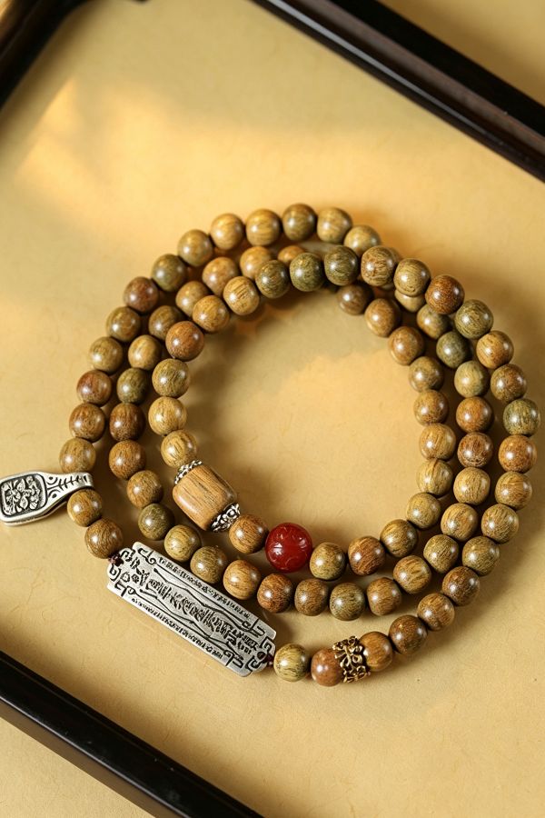 multi-loop mala bracelet on traditional tray Zen Sandalwood Bracelet with Ancient Charm