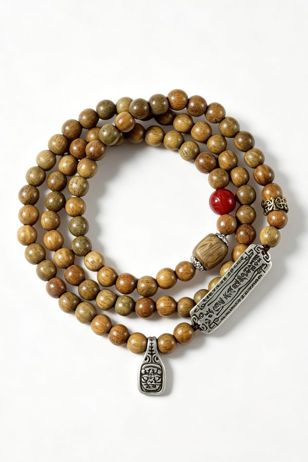 round wood bead bracelet with silver pendant Zen Sandalwood Bracelet with Ancient Charm - Image 2