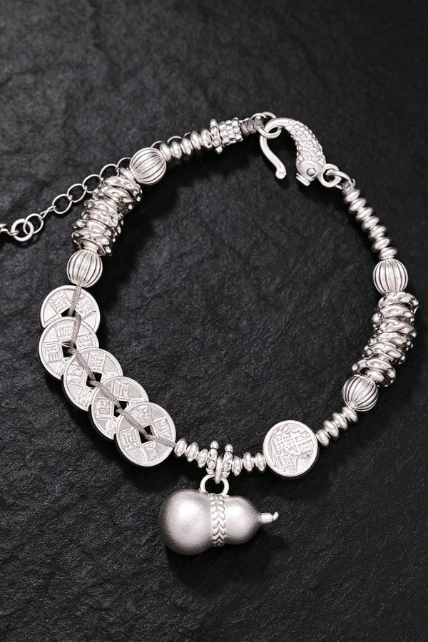 silver coin charm bracelet with gourd pendant Chinese Heritage Charm Bracelet with Timeless Meaning - Image 3