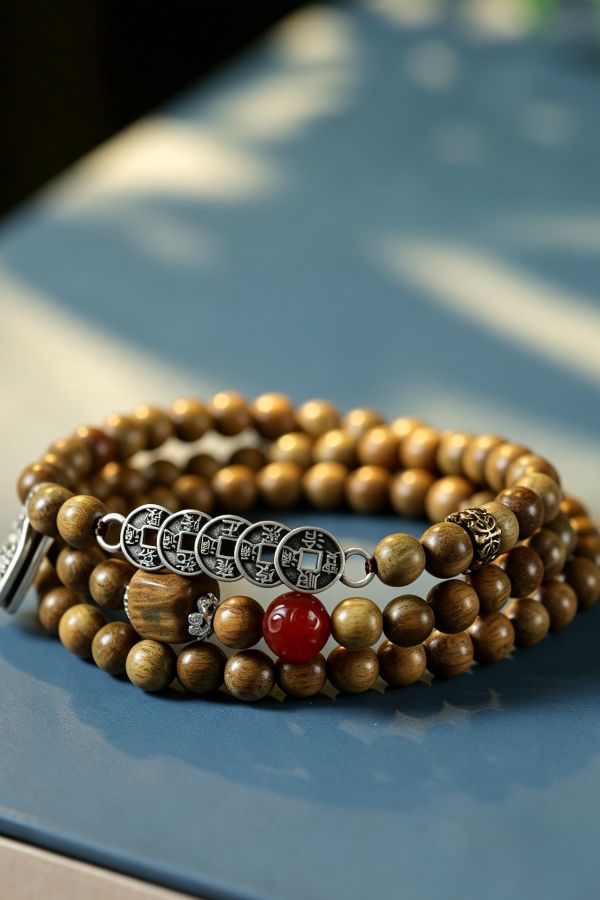 wood bead bracelet with silver charms on blue surface Zen Sandalwood Bracelet with Ancient Charm - Image 3