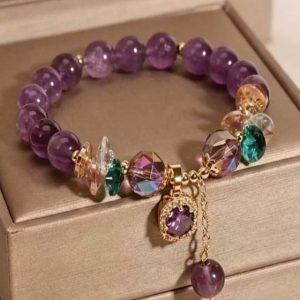 Handmade Crystal Mala Beads for Meditation & Zen Healing Sparkling Purple Crystal Bracelet with Micro-Pave Zirconia