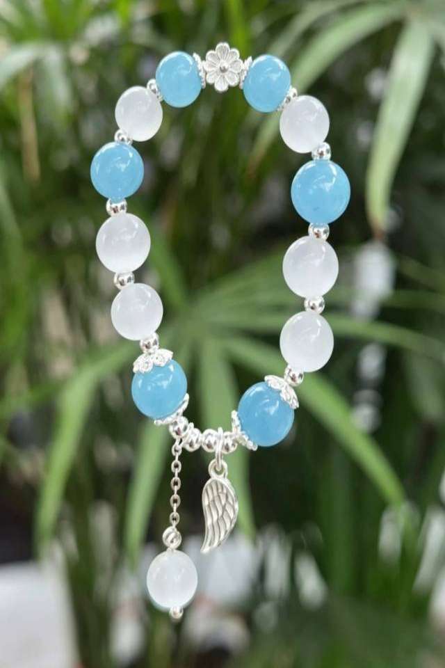 Aqua white bead charm bracelet Summer Serenity Aquamarine Wing Bracelet - Image 4