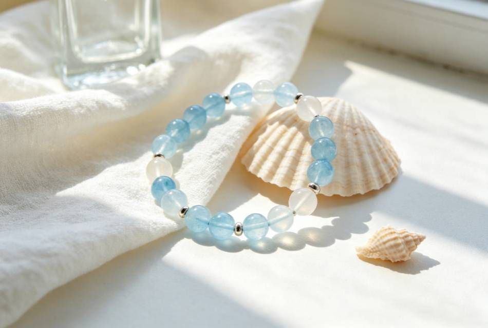 The Ultimate Office Accessory: Why the Aquamarine & Milky Crystal Bracelet Is Your New Minimalist Essential Aquamarine Crystal Bracelet Summer Vacation Fabric Styling 1