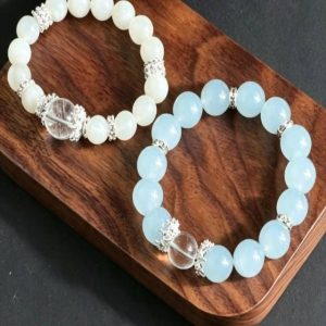 Handmade Crystal Mala Beads for Meditation & Zen Healing Aquamarine & Milky Crystal Bracelet | Elegant Chinese Inspired Jewelry