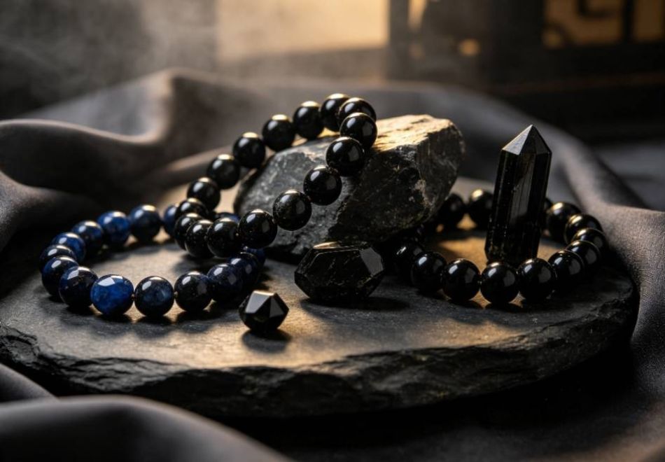 Black Gemstones: A Complete Guide to Meaning, Types, and How to Choose One Black Gemstone Bracelets And Raw Stones On Dark Stone Surface