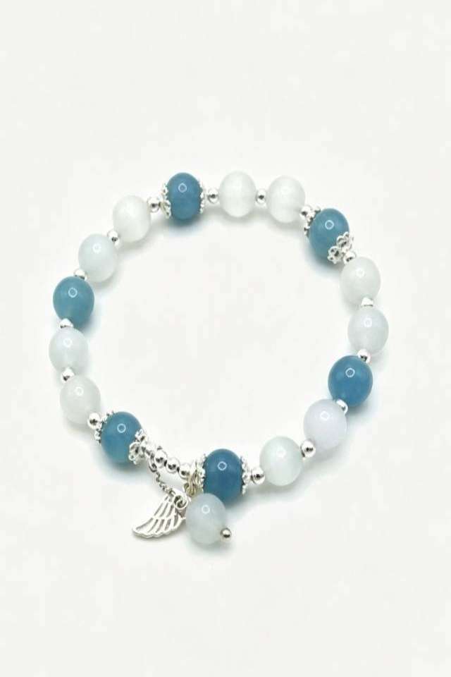 Blue white stone bead bracelet Summer Serenity Aquamarine Wing Bracelet