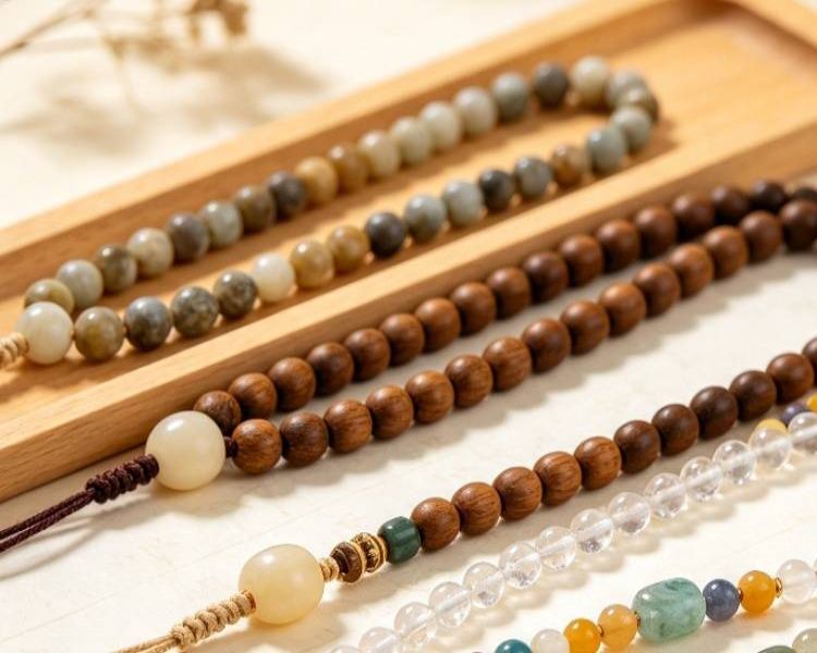 Crystal Wood Mala Bead Strands Display