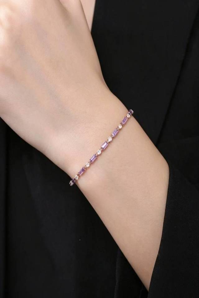 Delicate purple gem bracelet worn Amethyst Elegance: Dainty Champagne Gold Crystal Bracelet - Image 2