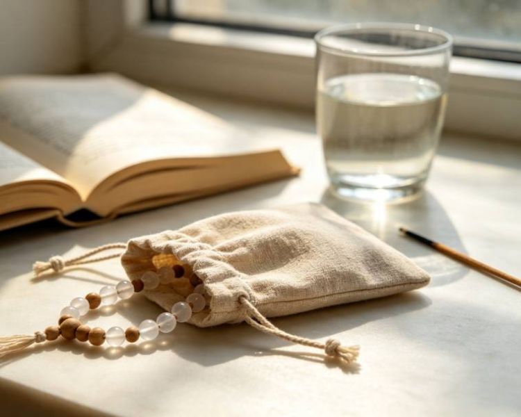 Mala Beads Stored In Linen Pouch