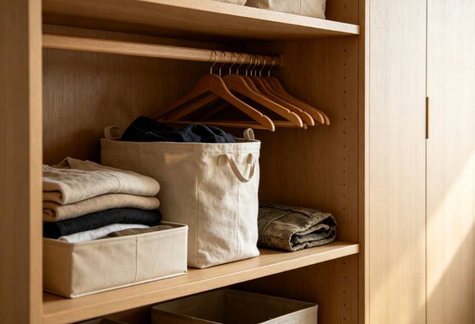 minimal wardrobe and organized belongings 
