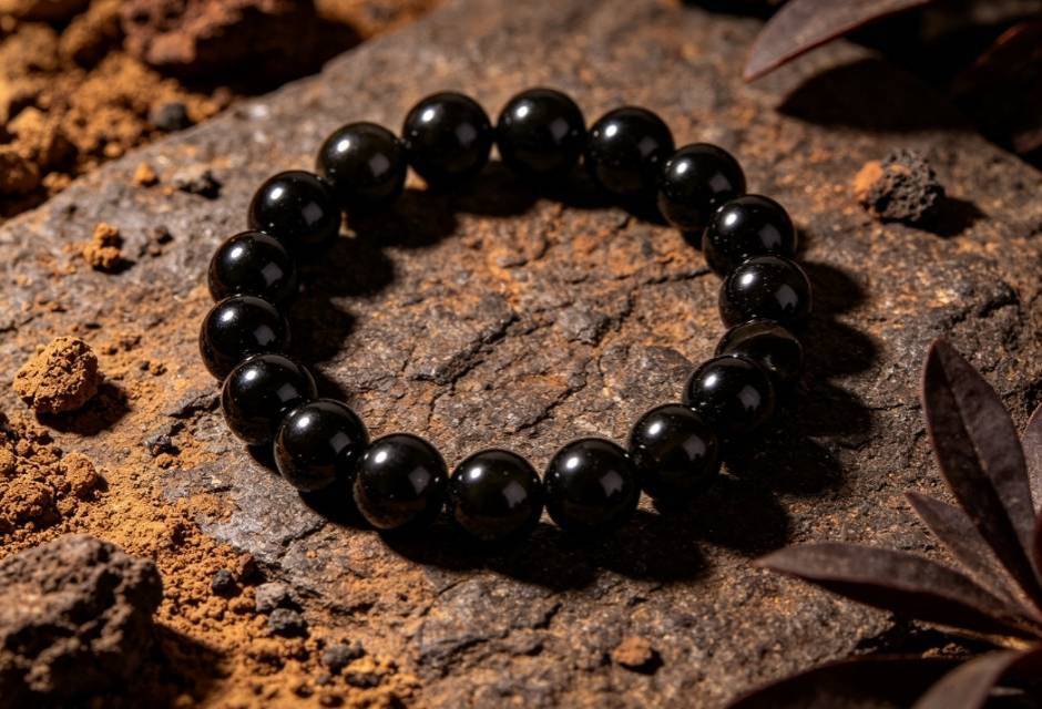 Obsidian Bracelet: Spiritual Protection, Healing Properties, and How to Wear obsidian bracelet on volcanic rock with earthy textures