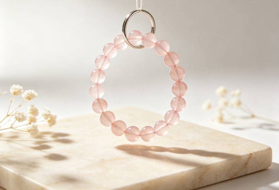Rose Quartz Bracelet: Unconditional Love, Healing, and How to Wear It rose quartz bracelet hanging on silver jewelry stand