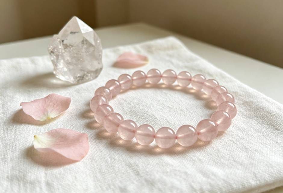 Rose Quartz Bracelet: Unconditional Love, Healing, and How to Wear It rose quartz bracelet on linen with clear quartz cluster