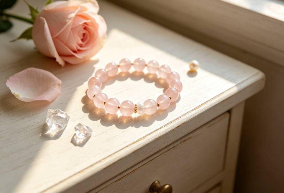 Rose Quartz Bracelet: Unconditional Love, Healing, and How to Wear It rose quartz bracelet on wooden vanity with rose petals