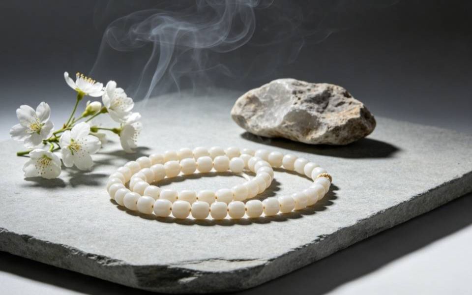 Shell Mala Beads On Stone Table