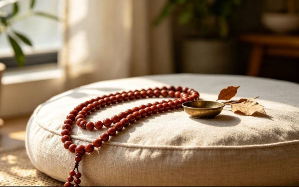 Stone Mala Beads On Meditation Cushion