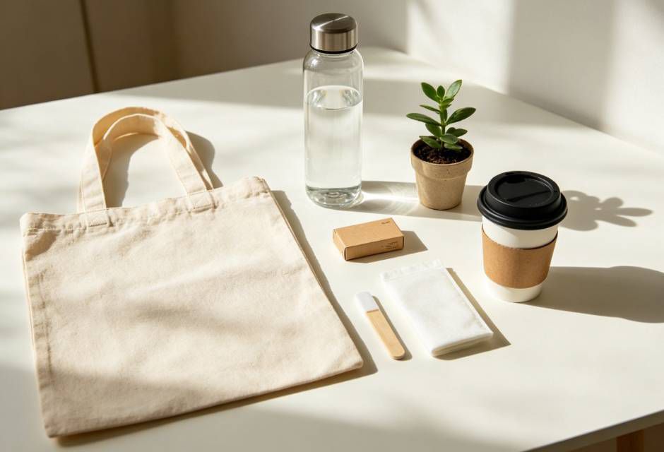 sustainable shopping essentials on wooden table 