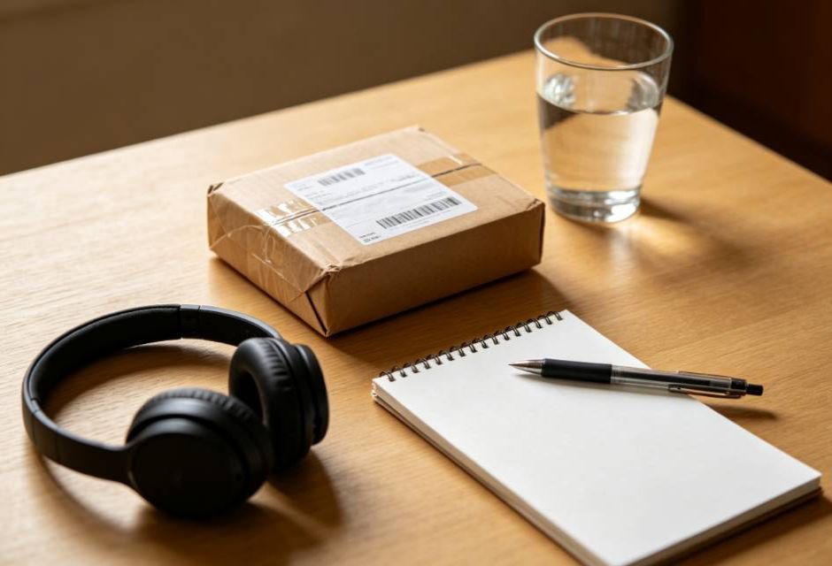 unopened package with notebook and pause moment 