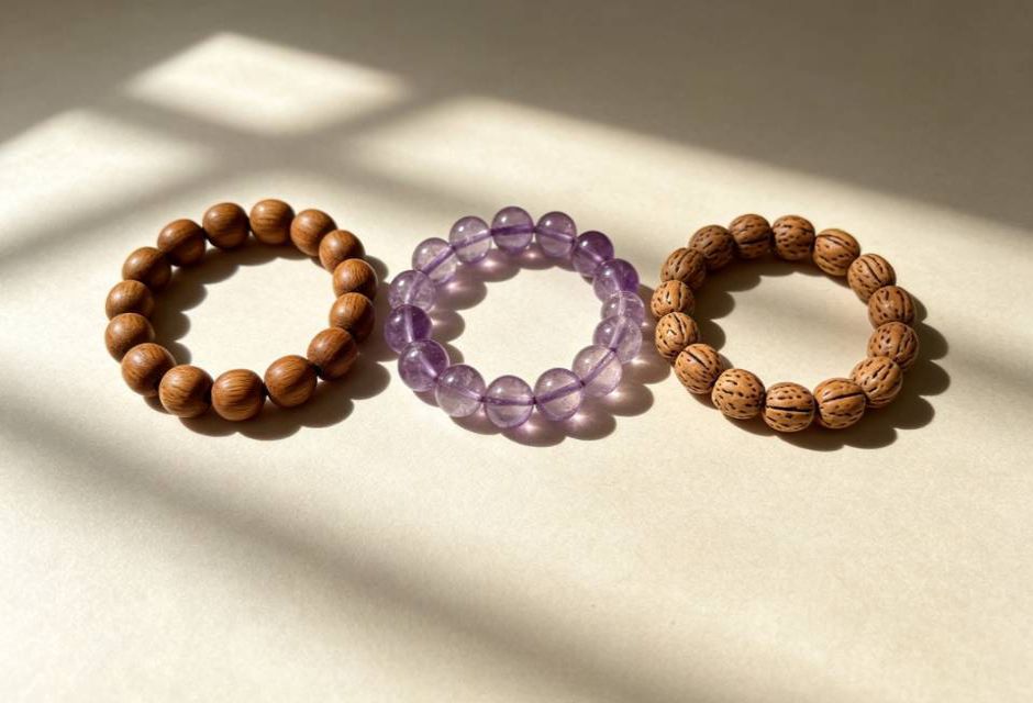 wood, crystal and seed mala materials