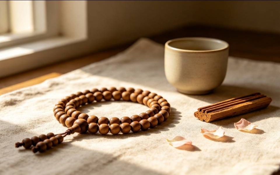 Wood Mala Beads On Linen Cloth